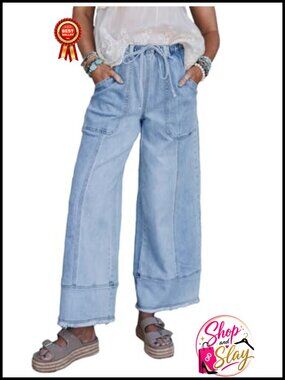 Wide Leg High Waisted Baggy Jeans Stretchy Drawstring Denim Pants Raw Hem